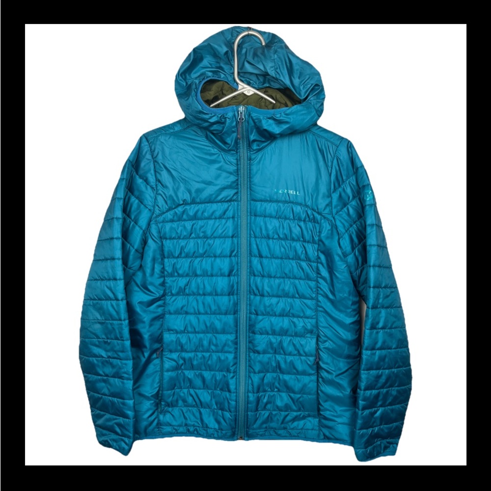 Merrell Puffer Jacket Women’s Medium Teal Blue Quilted Hooded Winter Coat Rain